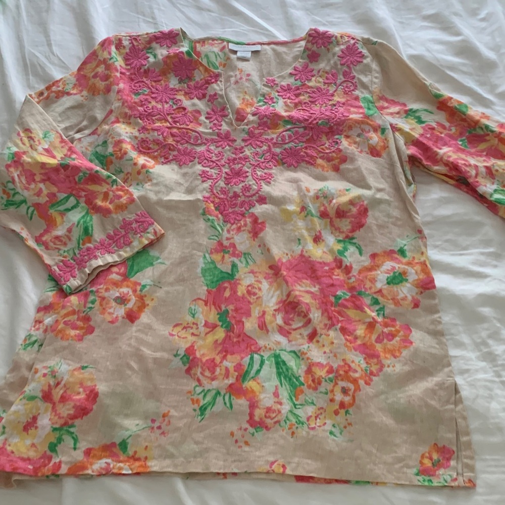 Macy's Charter Club Floral Embroidered Tunic - 100% Linen Large